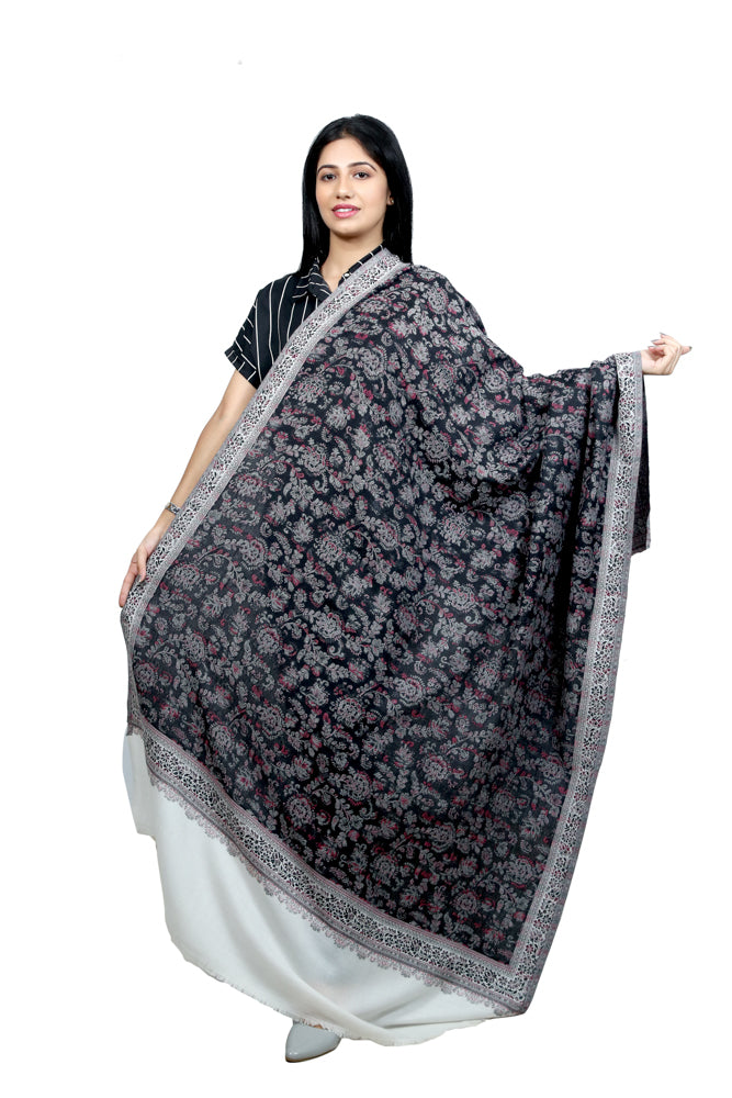 MERINO WOOL CONTRAST PALLA SHAWL WITH INTRICATE JAAL