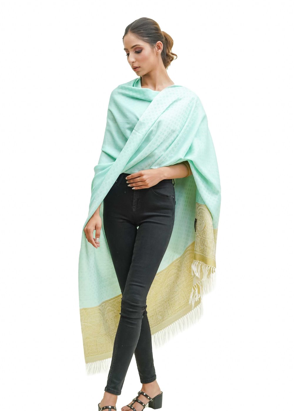 SILK WOOL JACQUARD SHAWL WITH ELEGANT PALLA