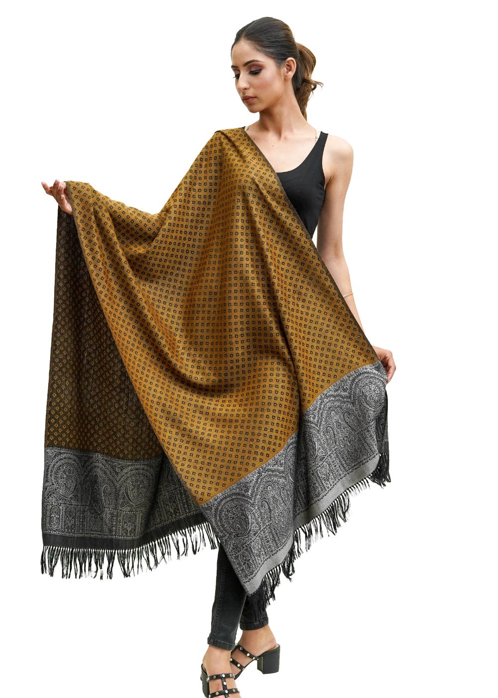 SILK WOOL JACQUARD STOLE WITH ELEGANT PALLA