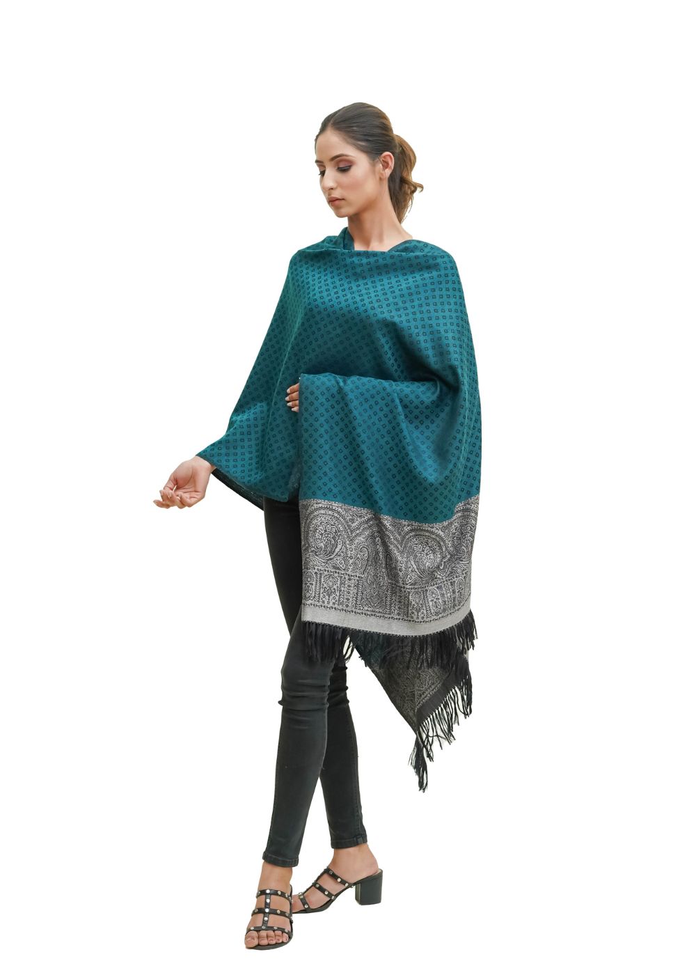 SILK WOOL JACQUARD STOLE WITH ELEGANT PALLA