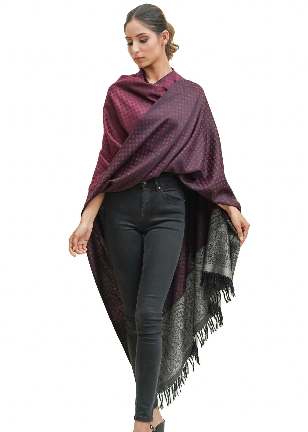 SILK WOOL JACQUARD SHAWL WITH ELEGANT PALLA