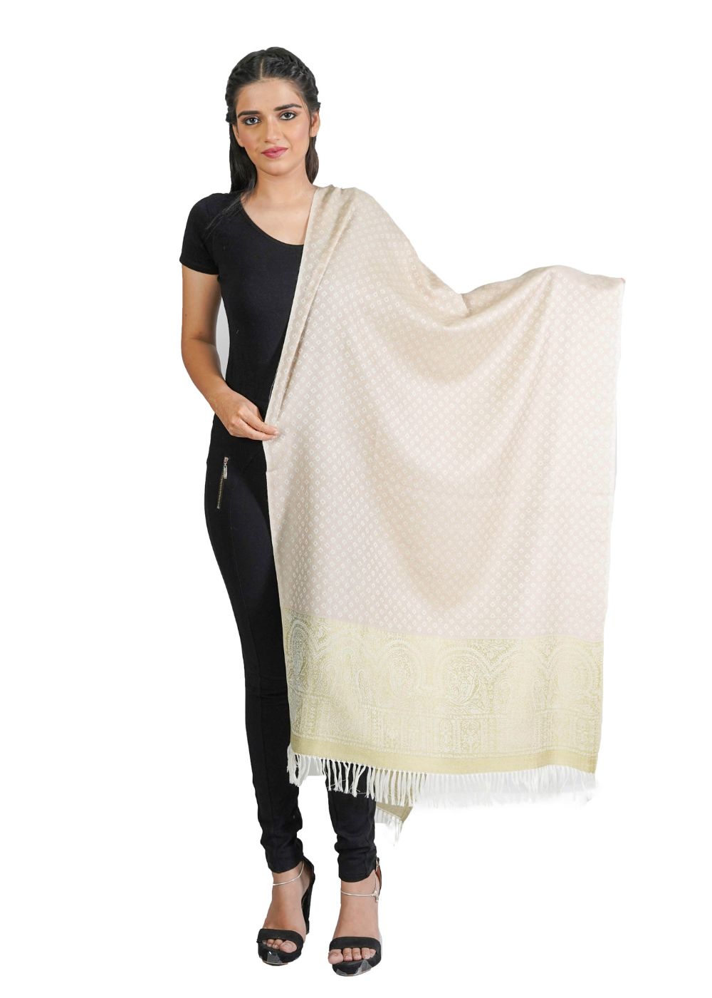 SILK WOOL JACQUARD STOLE WITH ELEGANT PALLA