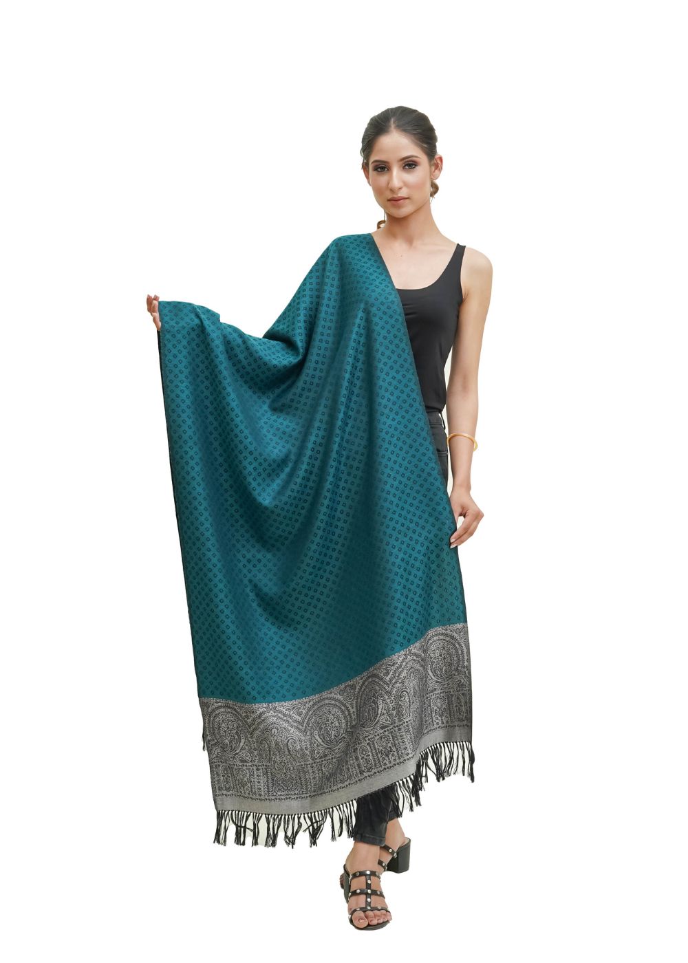 SILK WOOL JACQUARD STOLE WITH ELEGANT PALLA