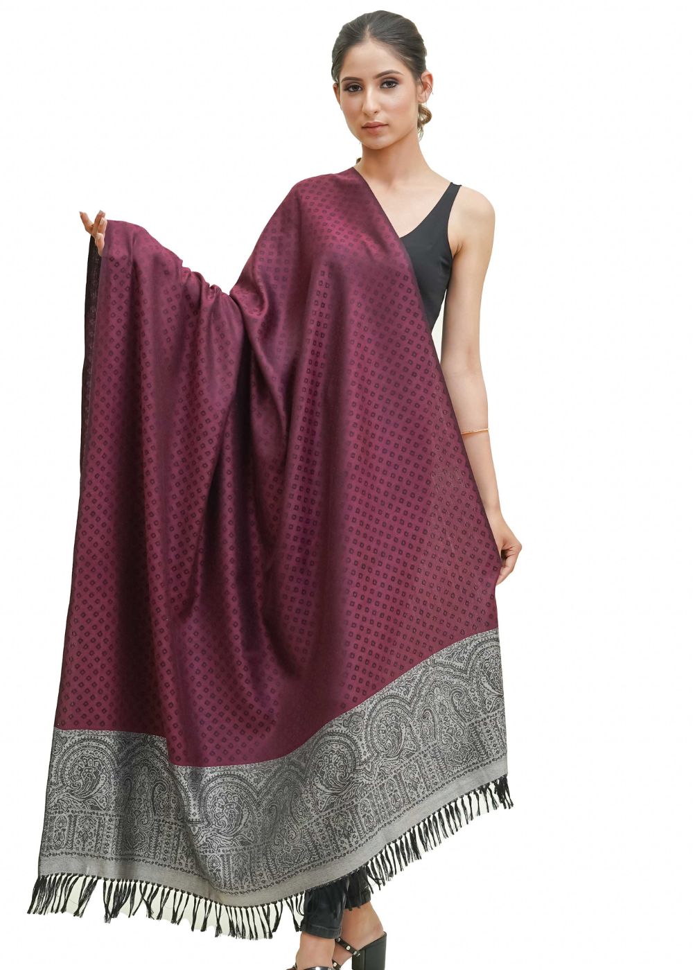 SILK WOOL JACQUARD SHAWL WITH ELEGANT PALLA