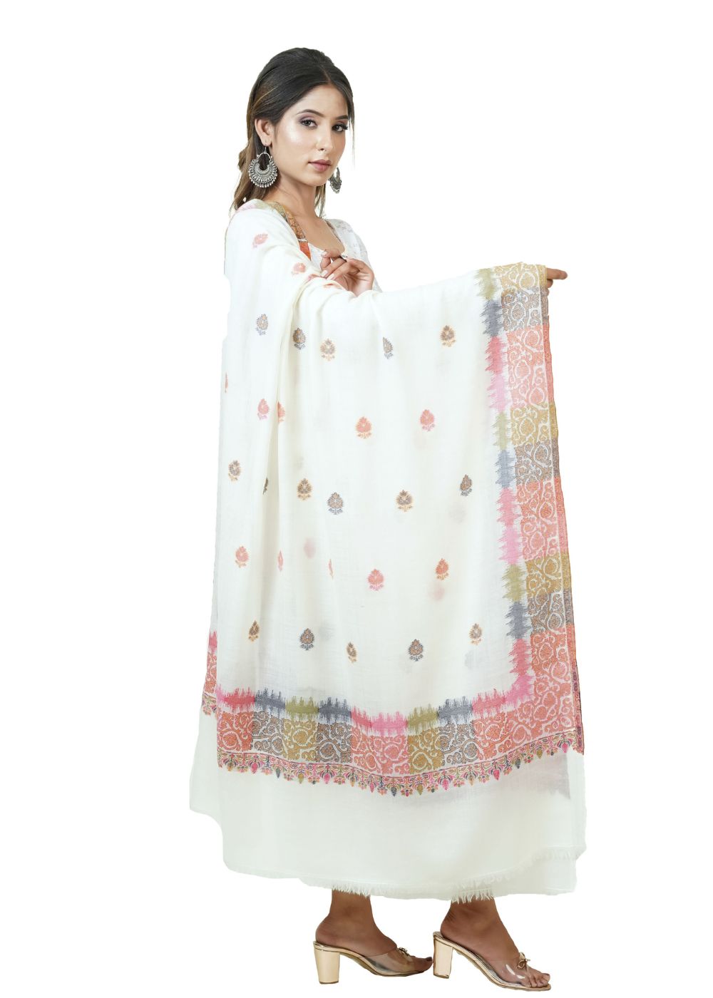 WHITE IKAT PATTERN WOVEN SHAWL WITH SUPER SOFT MERINO WOOL