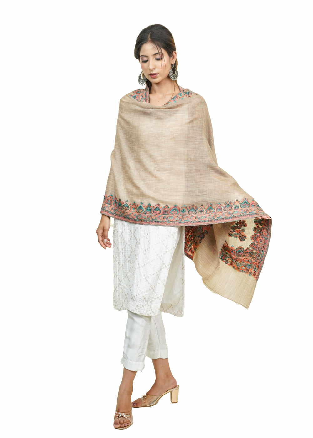 BEIGE ULTRA SOFT MERINO WOOL KANI BORDER STOLE