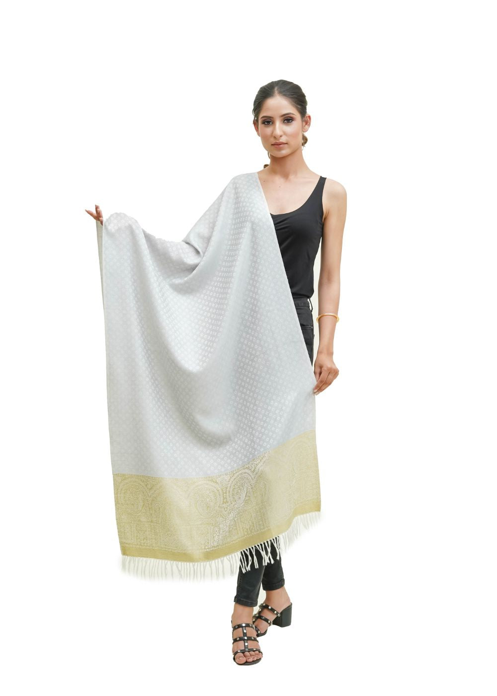 SILK WOOL JACQUARD STOLE WITH ELEGANT PALLA