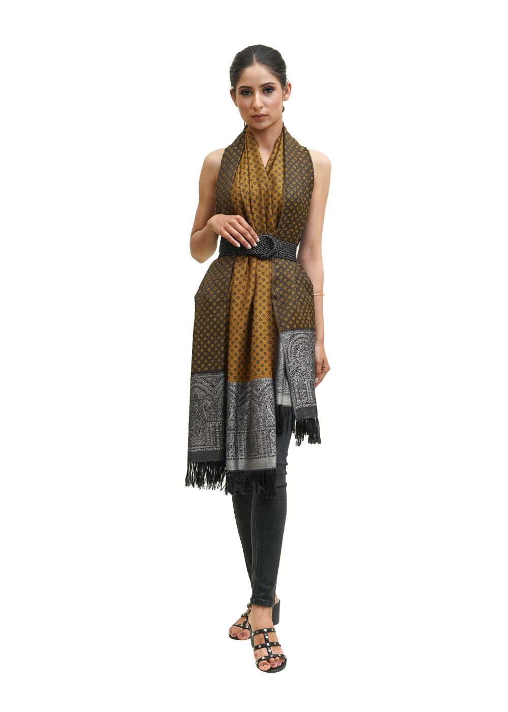 SILK WOOL JACQUARD STOLE WITH ELEGANT PALLA