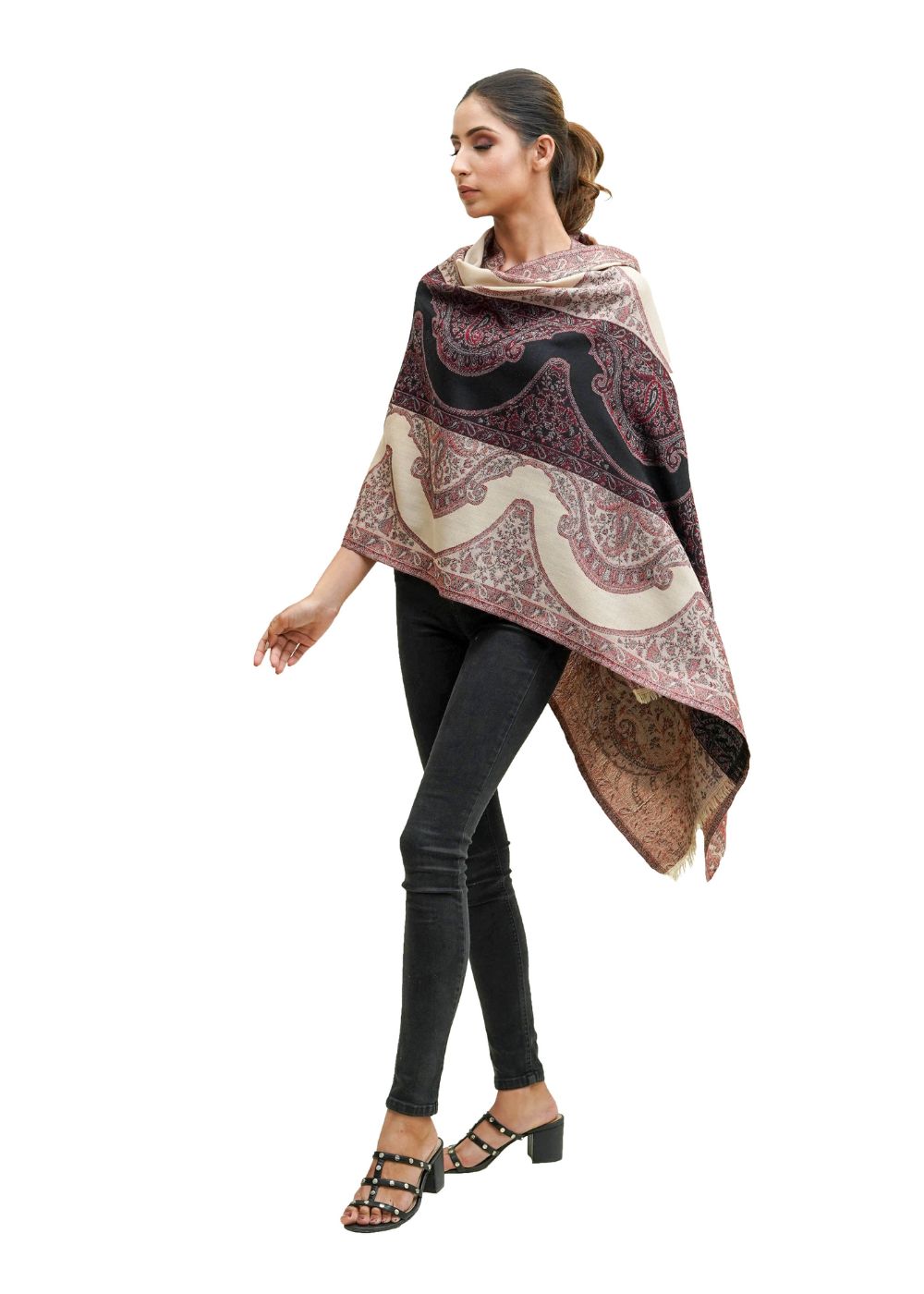 PASHMINA STORIES BEIGE JAMAWAR STOLE IN MERINO WOOL