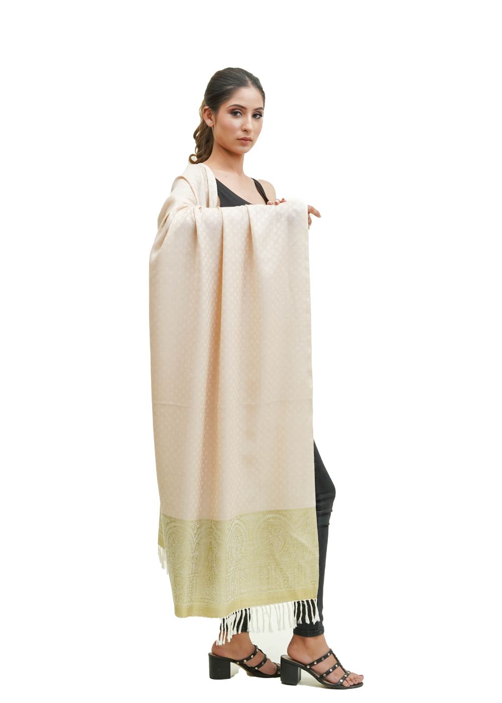 SILK WOOL JACQUARD SHAWL WITH ELEGANT PALLA