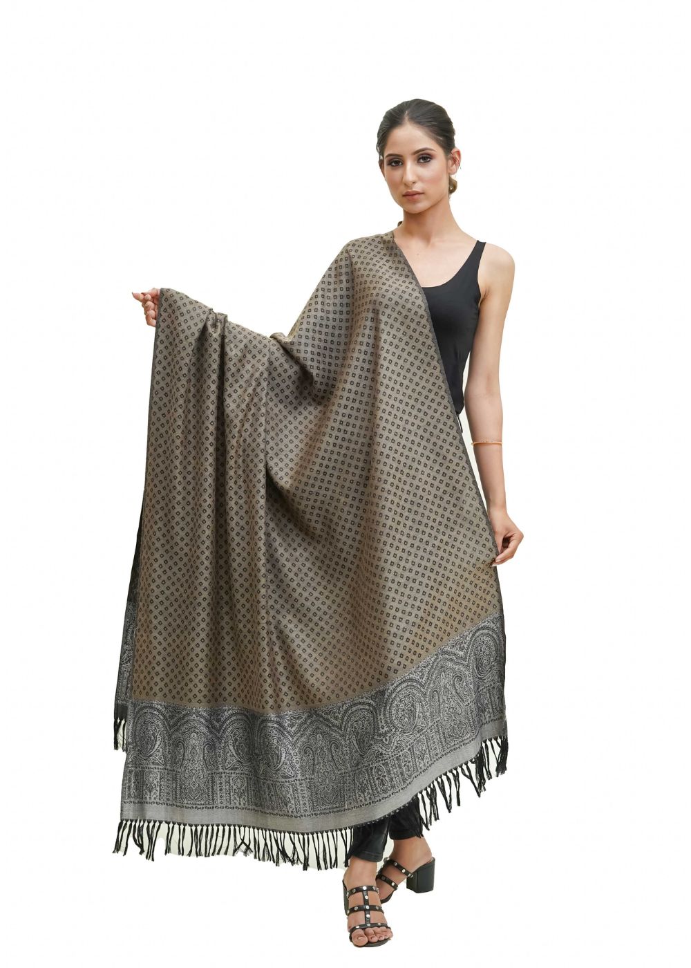 SILK WOOL JACQUARD SHAWL WITH ELEGANT PALLA