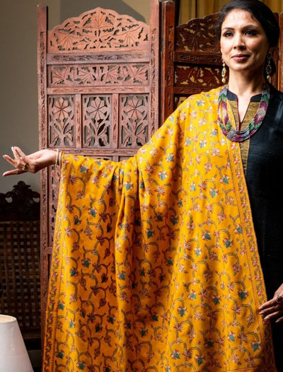 YELLOW COLOUR KASHMIRI HAND EMBROIDERY HEAVY JAAL ON PURE PASHMINA