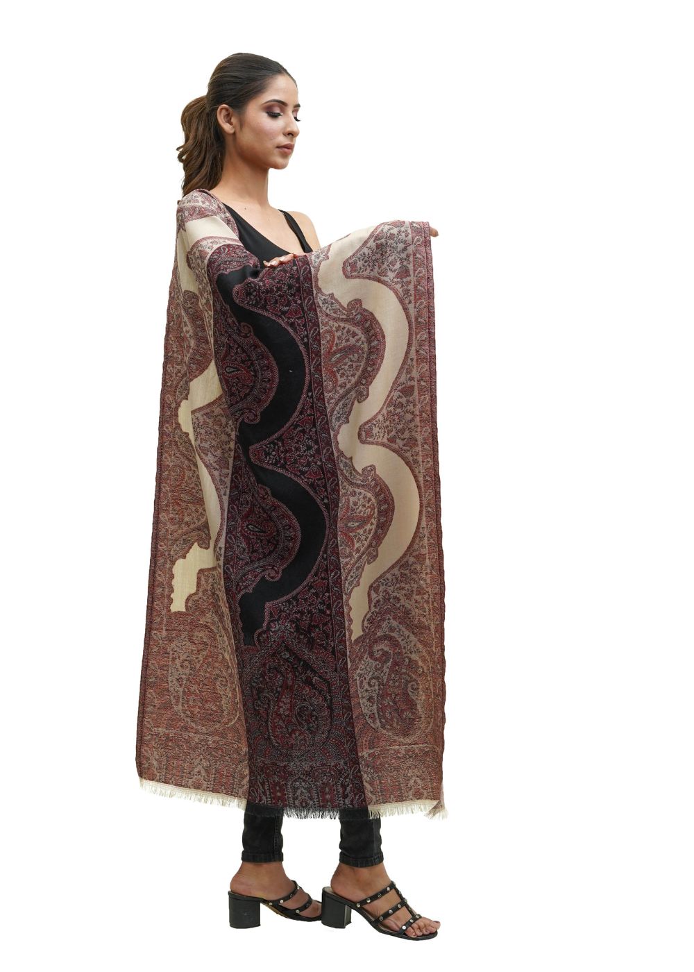 PASHMINA STORIES BEIGE JAMAWAR STOLE IN MERINO WOOL