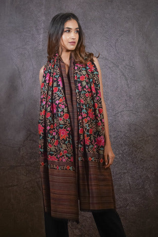 CHAIN STITCH EMBROIDERY ON BLACK PURE WOOL JAMAWAR SHAWL