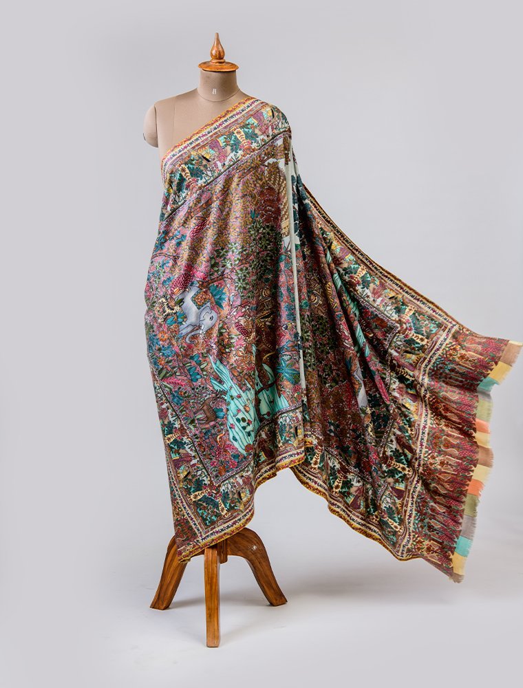 MULTICOLOURED KALAMKARI SHAWL IN 13.80 MICRON RAREST WOOL