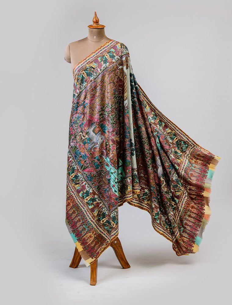 MULTICOLOURED KALAMKARI SHAWL IN 13.80 MICRON RAREST WOOL