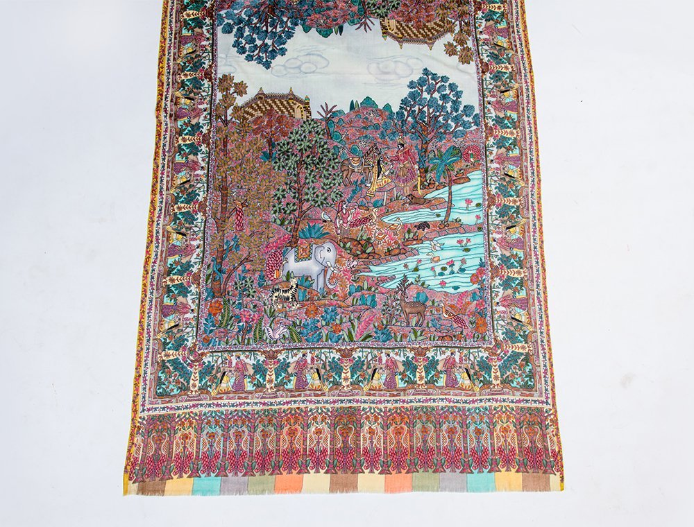 MULTICOLOURED KALAMKARI SHAWL IN 13.80 MICRON RAREST WOOL