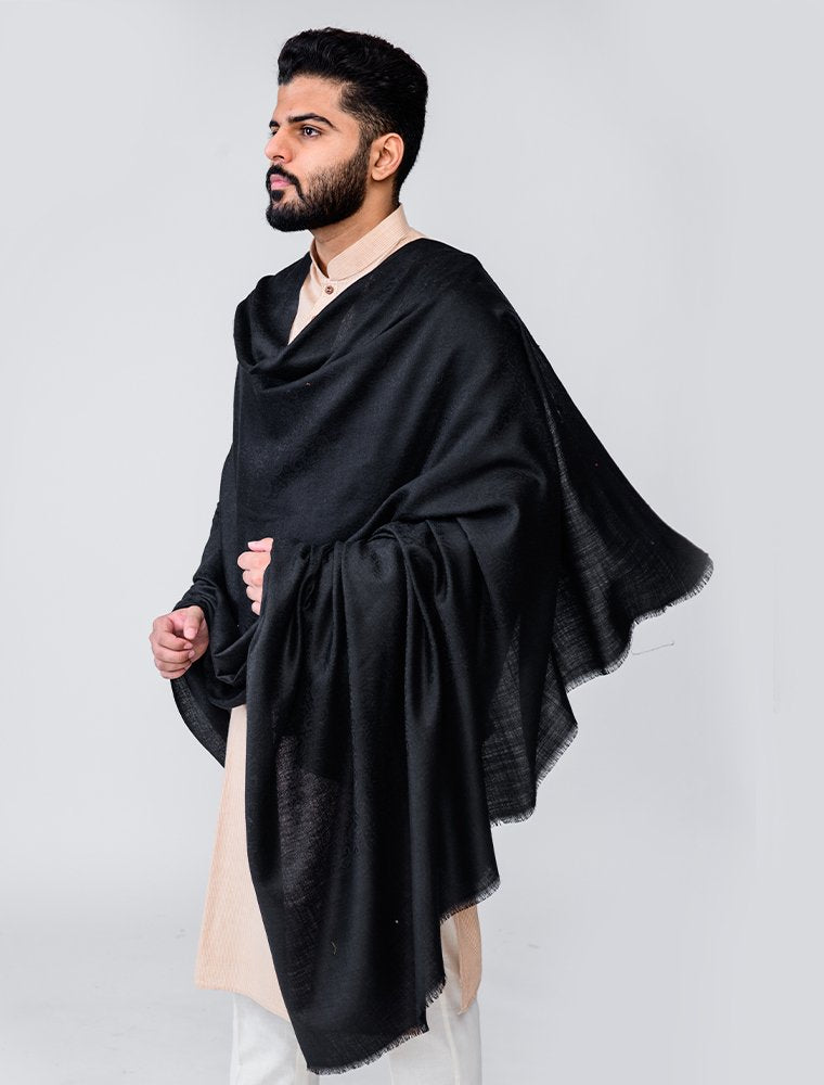 Gents Black Self Jacquard Shawl in Merino Wool