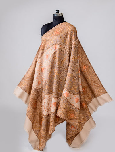 FAWN CHAIN STITCH EMBROIDERY ON MERINO WOOL JAMAWAR SHAWL