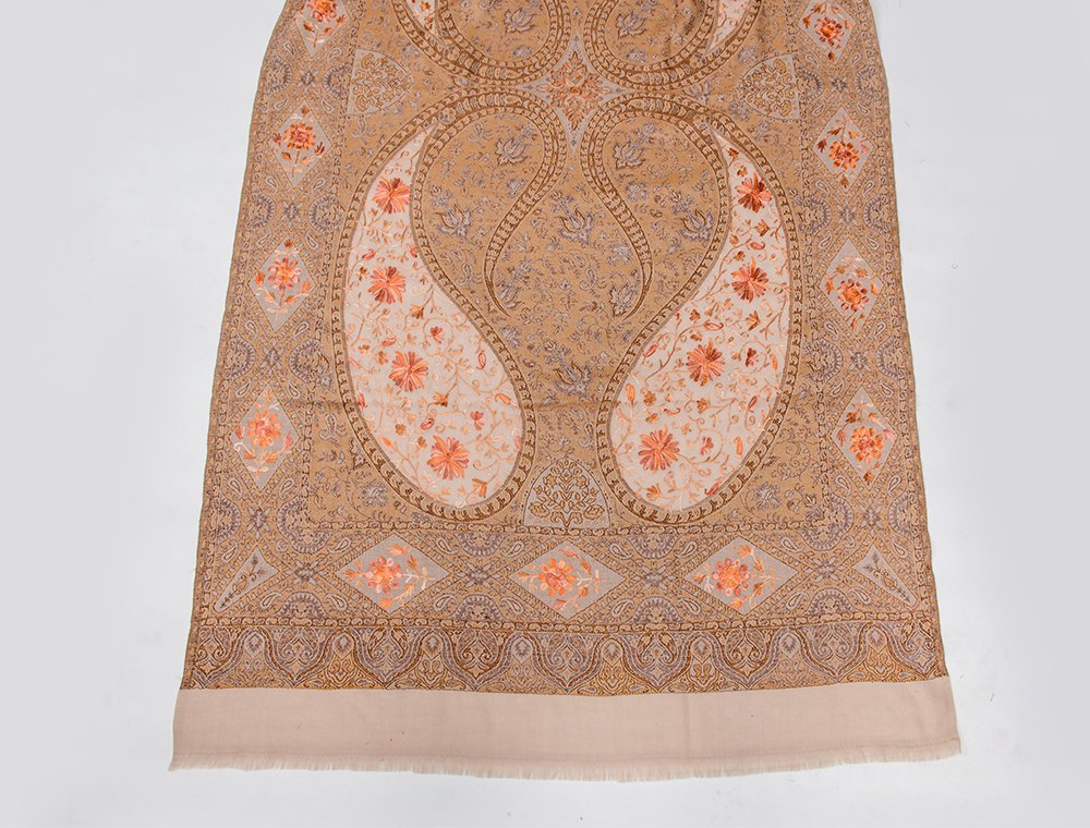 FAWN CHAIN STITCH EMBROIDERY ON MERINO WOOL JAMAWAR SHAWL