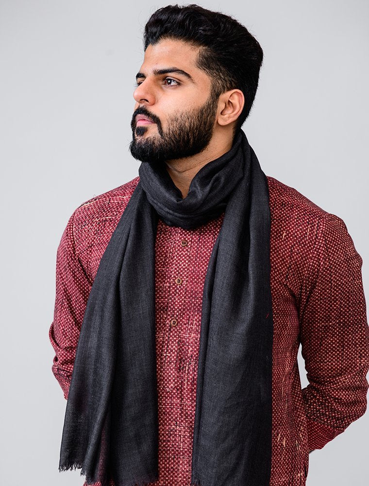 CHARCOAL GREY WOOL SILK STOLE WITH SLUB EFFECT