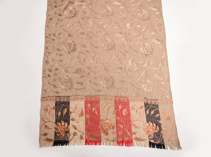 PASHMINA COLOUR CHAIN STITCH EMBROIDERED STOLE ON PURE WOOL HANDLOOM FABRIC