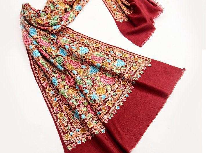 MAROON PURE WOOL FABRIC STOLE WITH CHAIN STITCH EMBROIDERY