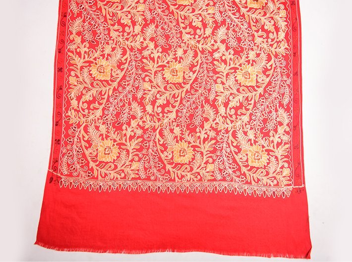 RED CHAIN STITCH EMBROIDERED STOLE ON PLAIN MERINO WOOL FABRIC