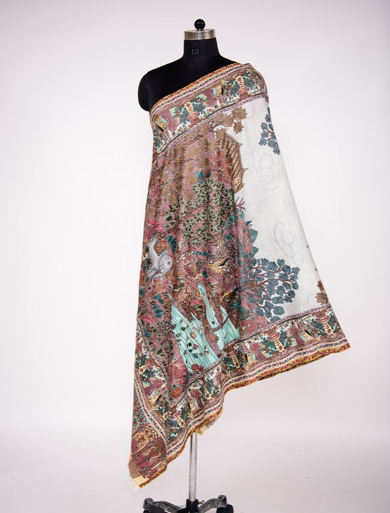 MULTICOLOURED KALAMKARI SHAWL IN 13.80 MICRON RAREST WOOL