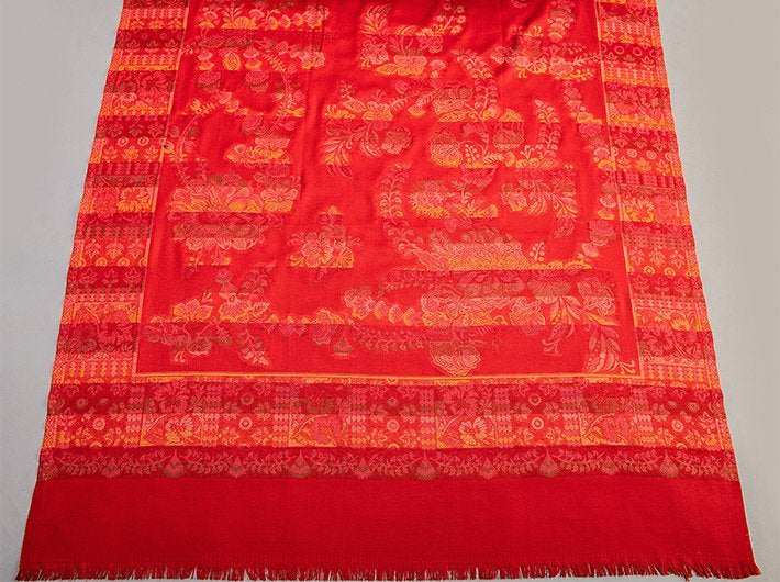 RED WOVEN JACQUARD SHAWL IN MERINO WOOL