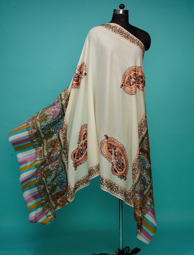 CHAIN STITCH EMBROIDERY ON WHITE HANDLOOM MERINO WOOL SHAWL