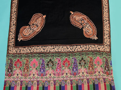 CHAIN STITCH EMBROIDERY ON BLACK HANDLOOM MERINO WOOL SHAWL