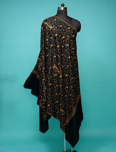 Black Pure Wool Shawl Hand Embroidered On Jaal