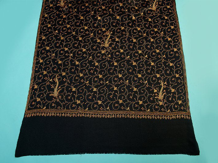 HAND EMBROIDERY JAAL ON BLACK PURE WOOL SHAWL