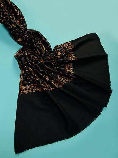 HAND EMBROIDERY JAAL ON BLACK PURE WOOL SHAWL