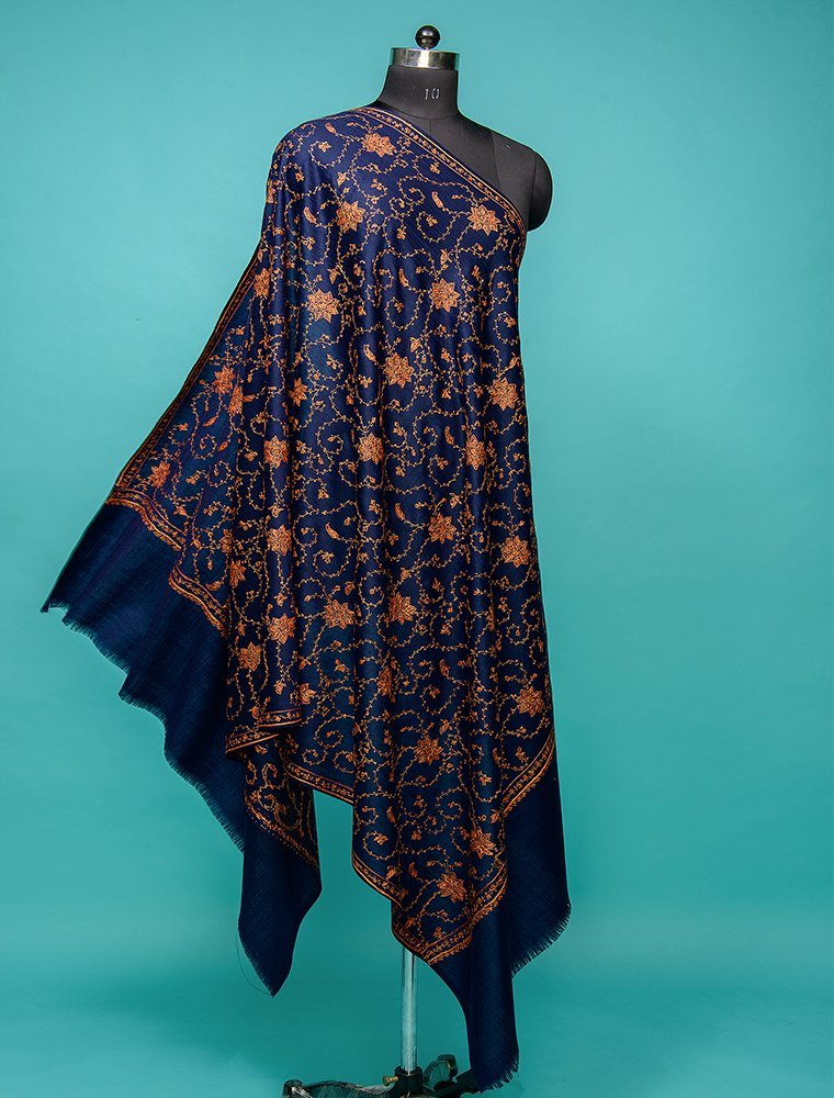 Navy Blue Pure Wool Shawl With Hand-Embroidery On Jaal