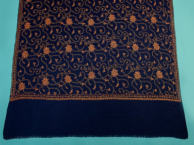 HAND EMBROIDERY JAAL ON NAVY BLUE PURE WOOL SHAWL