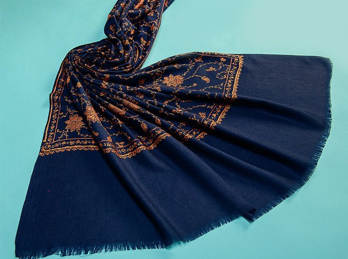 HAND EMBROIDERY JAAL ON NAVY BLUE PURE WOOL SHAWL