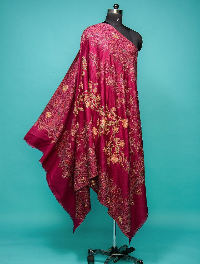 Magenta Pink Pure Wool Jamawar Shawl With Chain Stitch Embroidery