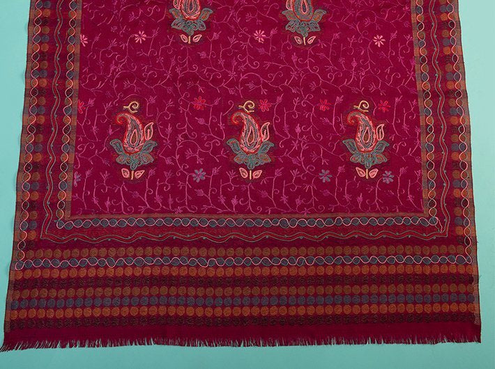 CHAIN STITCH EMBROIDERY ON RANI PINK PURE WOOL JAMAWAR SHAWL