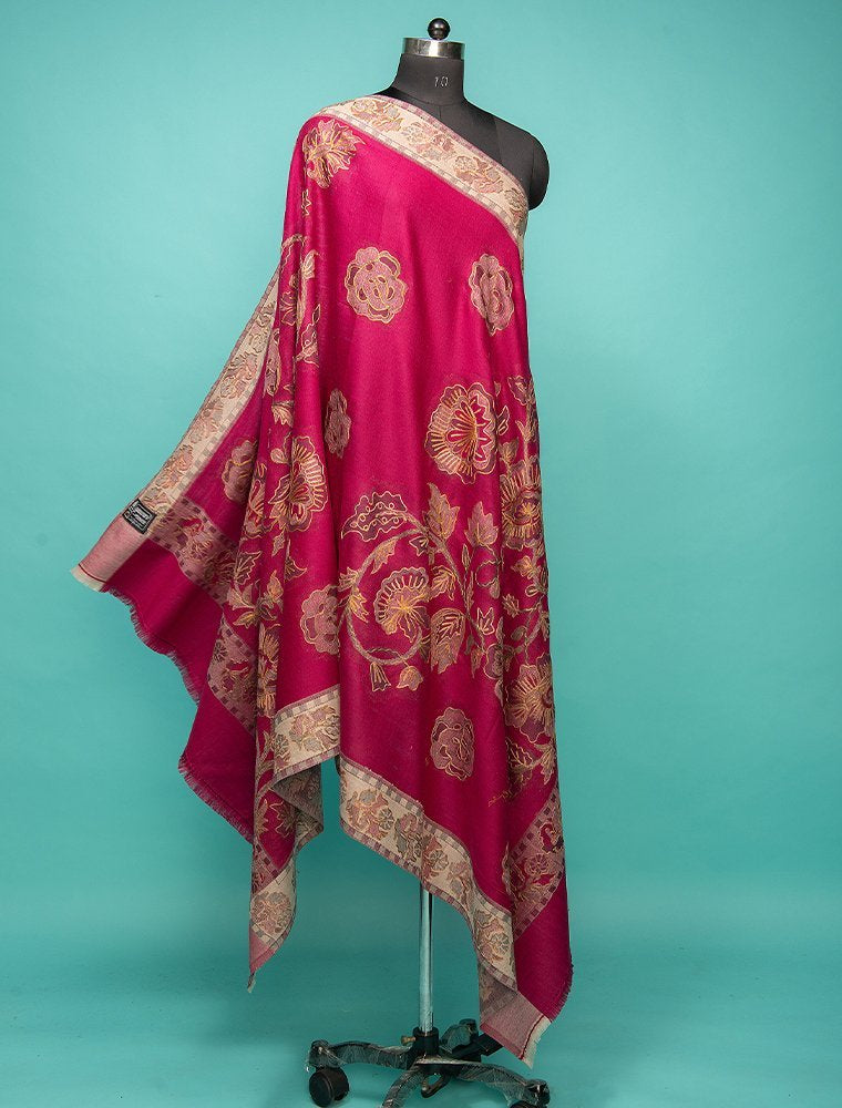 CHAIN STITCH EMBROIDERY ON MAGENTA PINK PURE WOOL JAMAWAR SHAWL