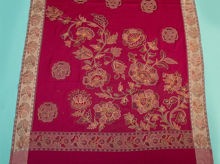 CHAIN STITCH EMBROIDERY ON MAGENTA PINK PURE WOOL JAMAWAR SHAWL