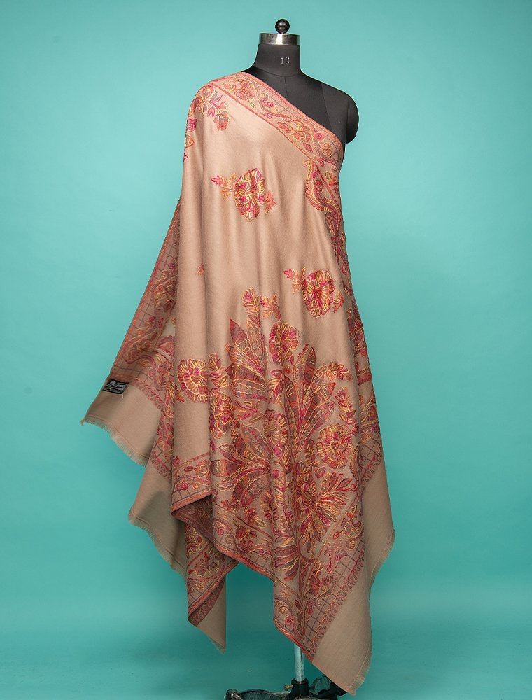 Mouse Pure Wool Jamawar Shawl With Chain Stitch Embroidery