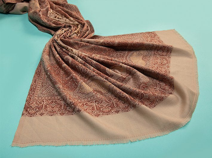 CHAIN STITCH EMBROIDERY ON FAWN PURE WOOL JAMAWAR SHAWL