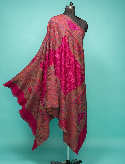 Magenta Pink Pure Woolen Jamawar Shawl With Chain Stitch Embroidery