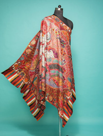 Chain Stitch Embroidery On Multicoloured Pure Wool Digital Printed Shawl