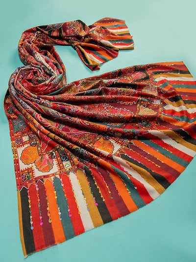 CHAIN STITCH EMBROIDERY ON MULTICOLOURED PURE WOOL DIGITAL PRINTED SHAWL