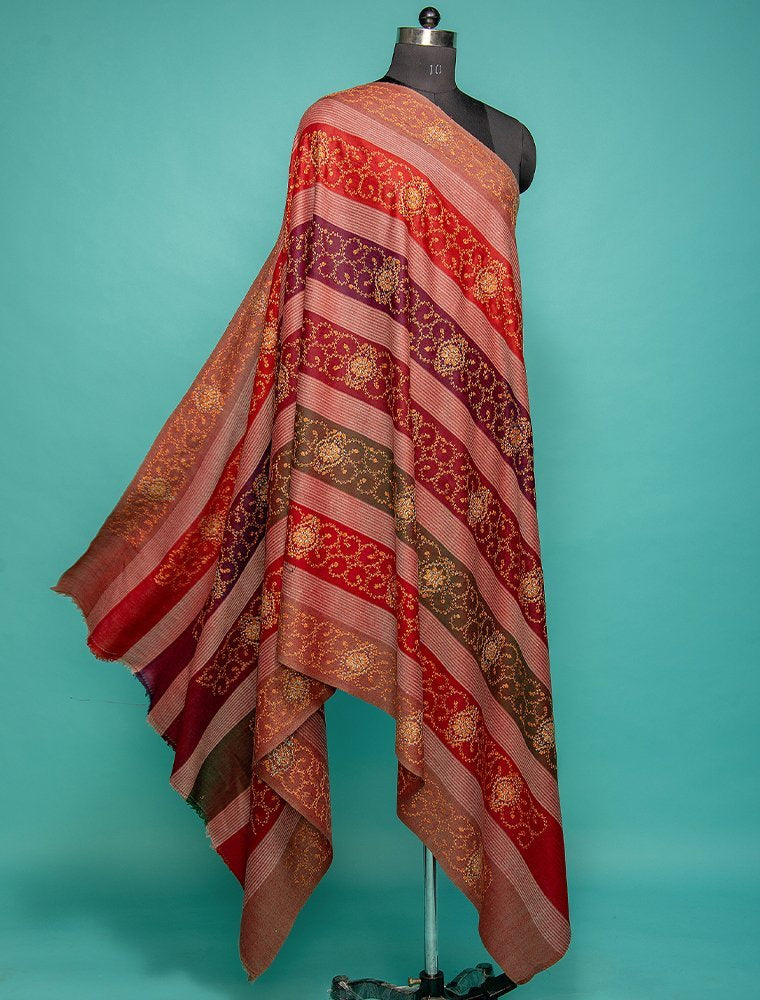 HAND EMBROIDERY ON MULTICOLOURED PURE WOOL STRIPED SHAWL