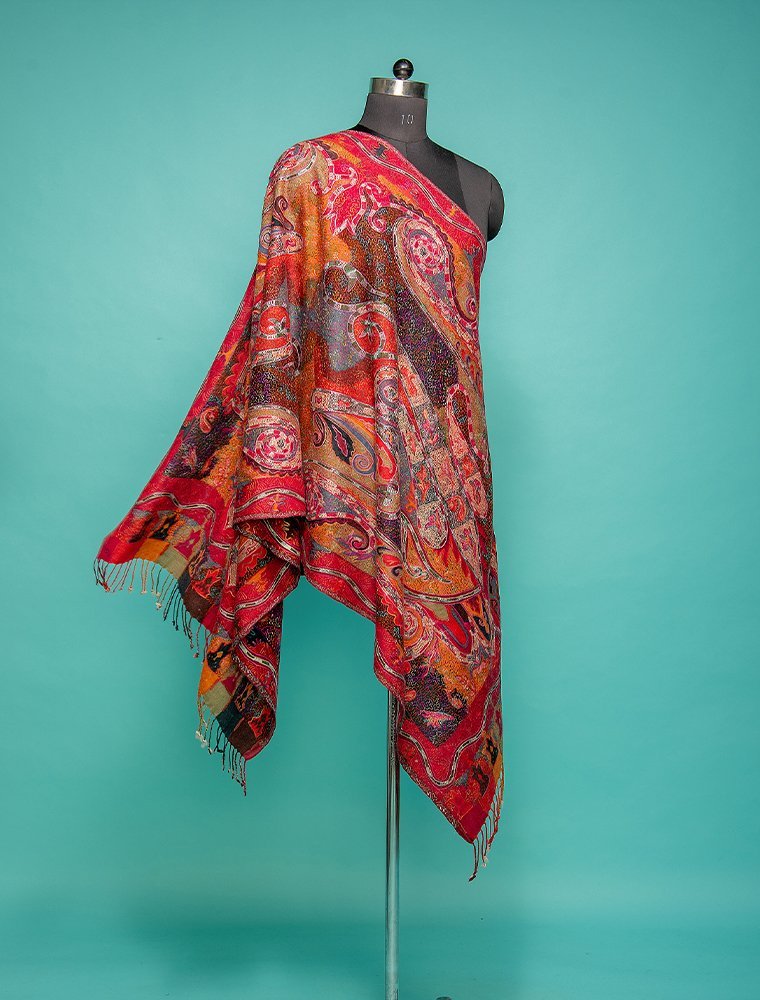 Screen Print On Multicoloured Pure Wool Plain Stole With Heavy Embroidery