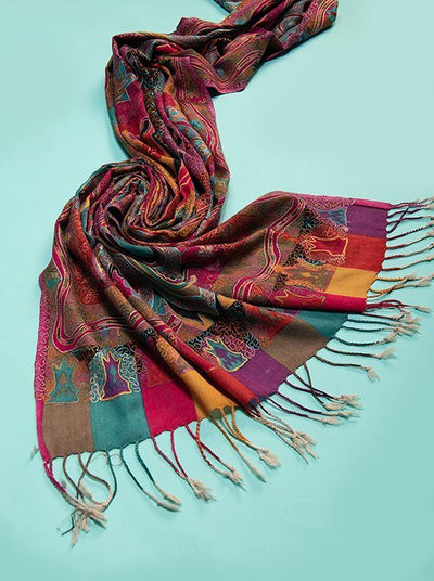 HEAVY EMBROIDERY DECORATED WITH SCREEN PRINT DONE ON MULTICOLOURED PURE WOOL PLAIN STOLE